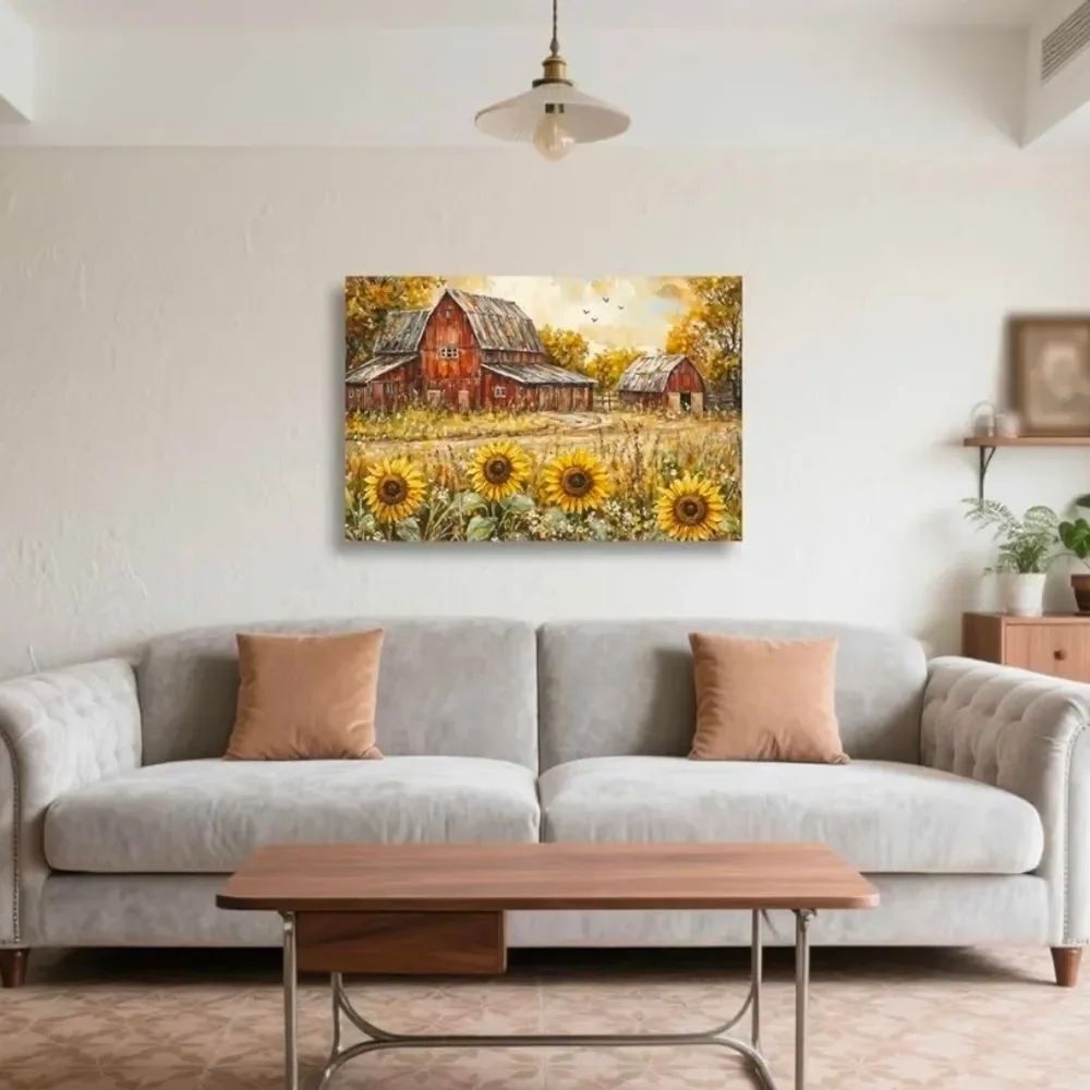 🔥🅰️NWOT Vintage Red Barn & Sunflowers Framed Canvas Print